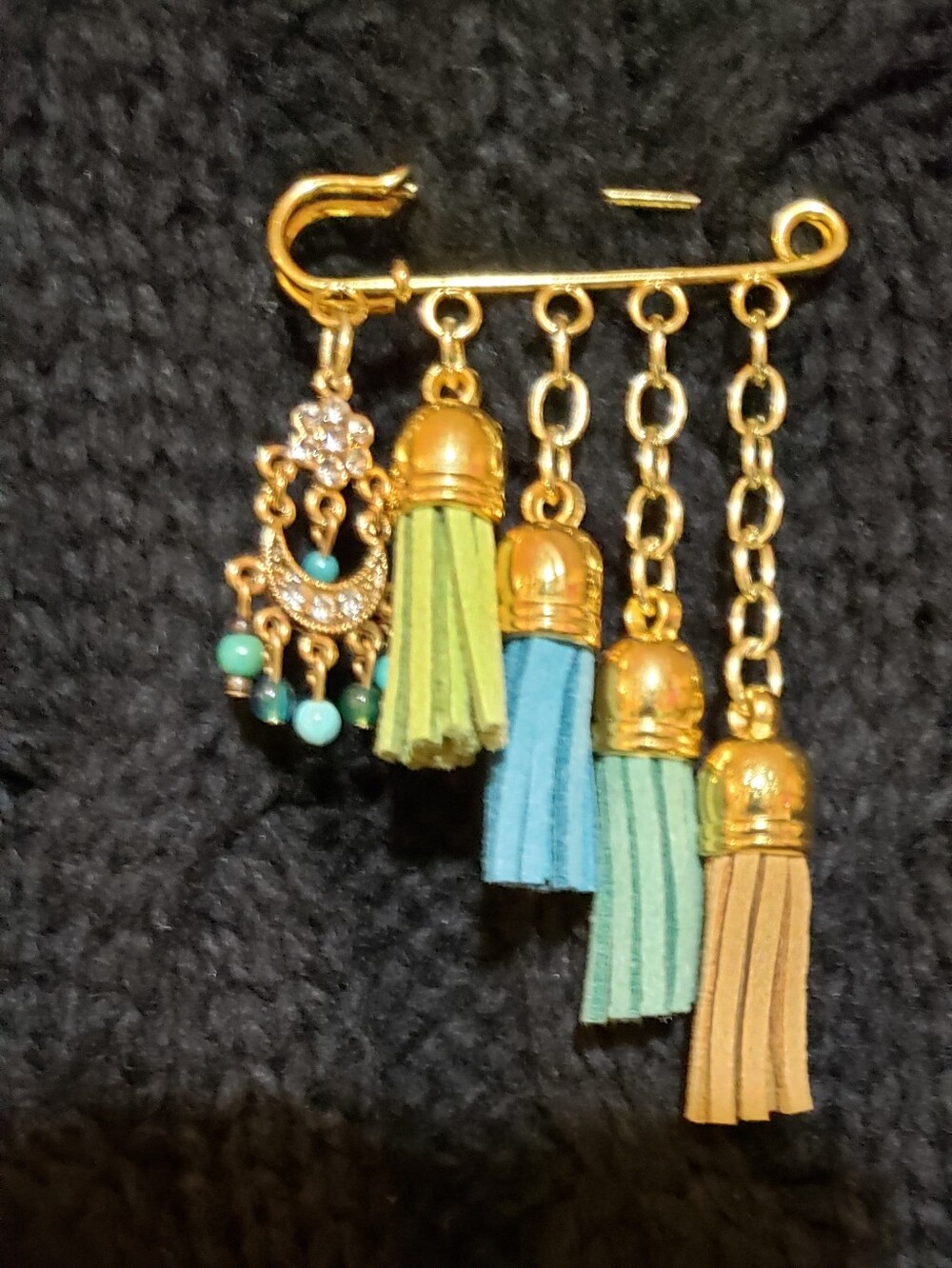 Gold Chain Tassel Necklace with Blue, Green, and Tan Suede Accents